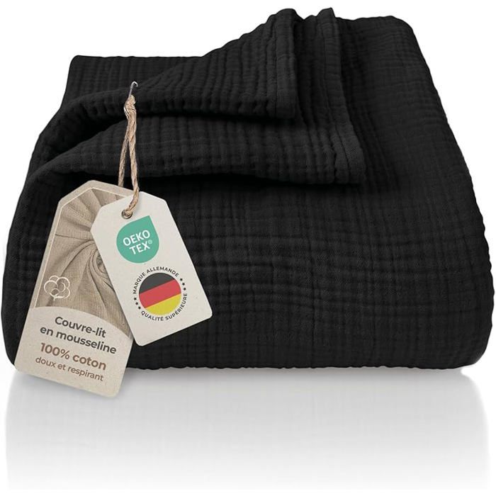 Premium Plaid canape Grande Taille en Mousseline 100% Coton Couvre lit Respirant 4 Couches Plaid Noir 180x220 cm