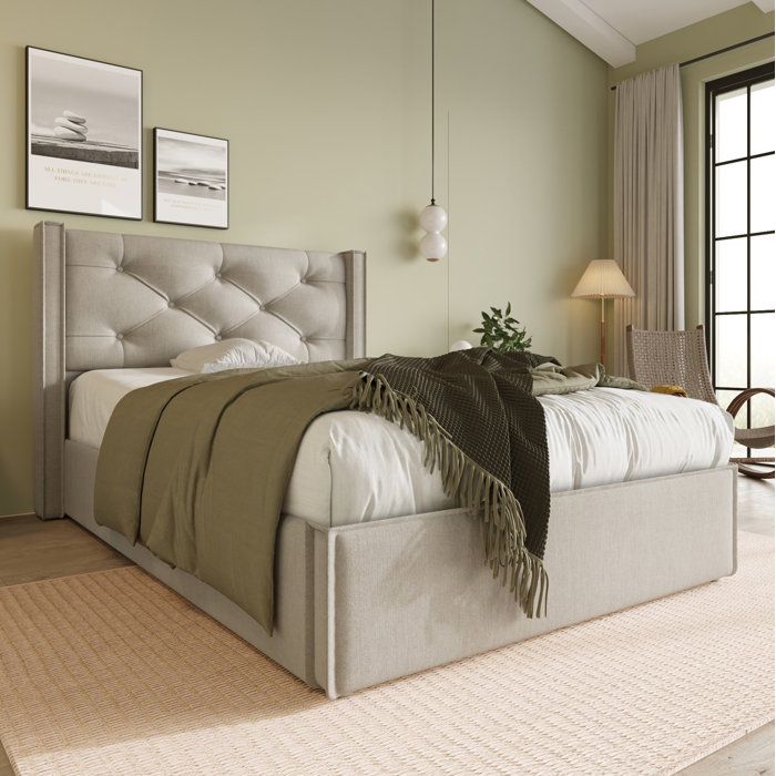 ROVRYN Lit simple coffre hydraulique 90x200 cm avec matelas tête de lit capitonnée gris clair