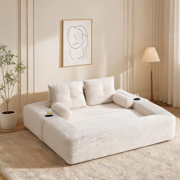Canapé clic-clac 2 places en velours côtelé lin beige – gain de place avec rangements et portes-gobelets