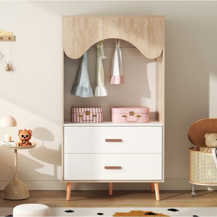 WOVREO armoire enfant ouverte 80 x 46 x 1415 cm avec tringle métallique 2 tiroirs blanc et bois naturel