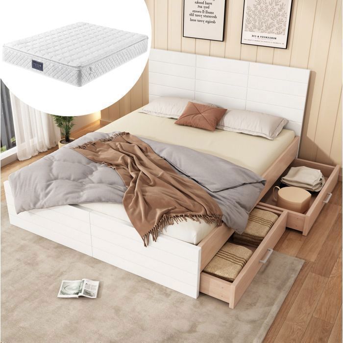 MEULVA Lit double 140 x 200 cm avec sommier à lattes 2 tiroirs en pin blanc et chêne clair matelas inclus
