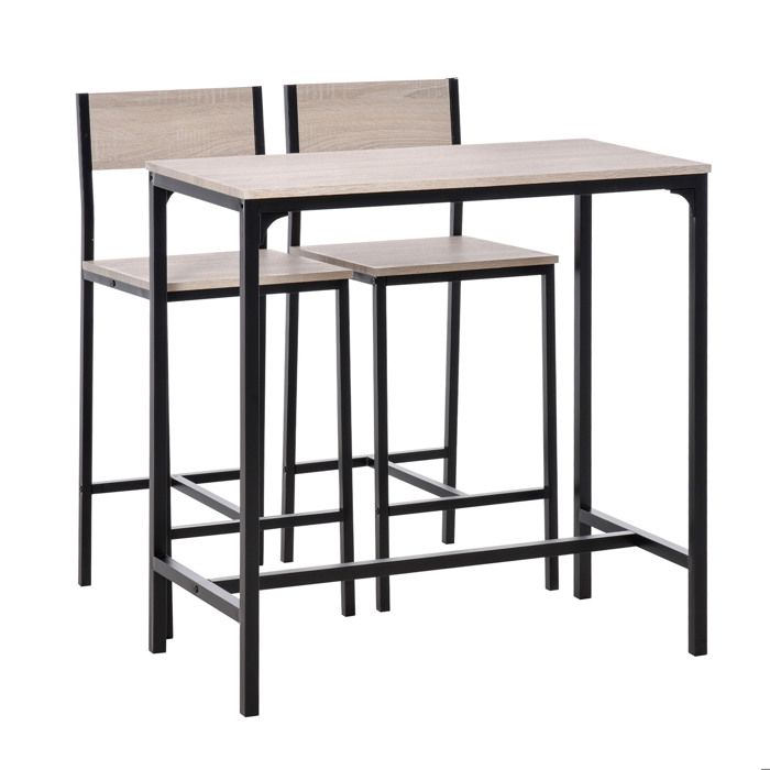 WOVREO Ensemble de bar 3 pièces avec table et 2 chaises MDF et métal naturel et noir 89 x 45 x 87 cm
