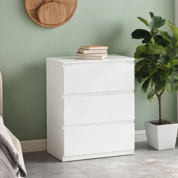 Meuble de rangement 3 tiroirs blanc en bois design moderne sans poignée 75 cm de hauteur