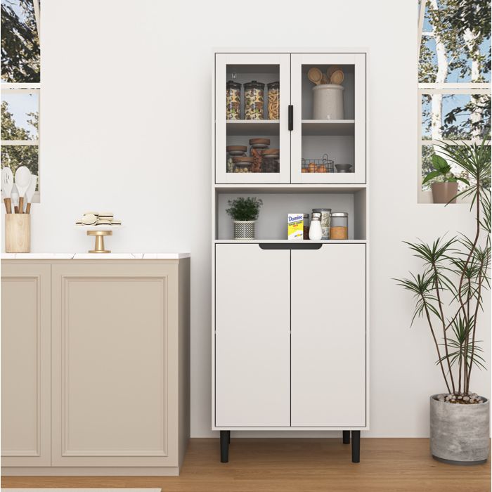 Bibliothèque 4 Portes dont 2 Vitrées Niche et Étagère Réglable - MEUNIQ - MDF Laqué Blanc 60×35×160 cm