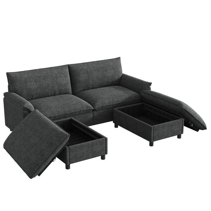 ROVRYN Canape modulaire 4 places noir en chenille 216 x 77 x 82 cm avec 2 poufs mobiles et rangement