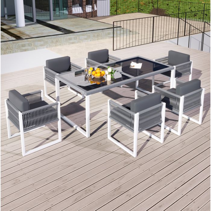 Salon De Jardin 6 Places Gris Blanc Ensemble Repas Moderne FloraGrace Pour Terrasse Housses Lavables Table 170x80x75cm