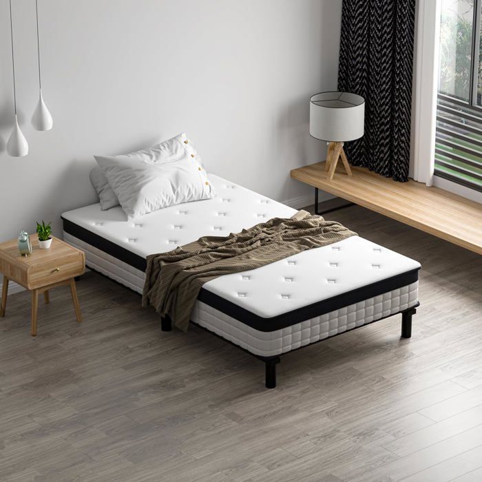 Ensemble Matelas et Sommier 90x200 cm Matelas à Ressorts Ensachés Cadre Fer 6 Pieds - Épaisseur 18 cm 7 Zones de Confort