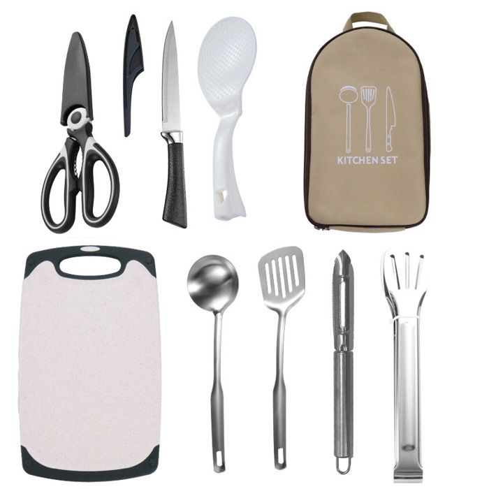 Kit Cuisine Camping Inox 304 8 Pièces Ustensiles de Camping Portables avec Sac de Rangement pour Randonnée Pique-Nique et Barbecue