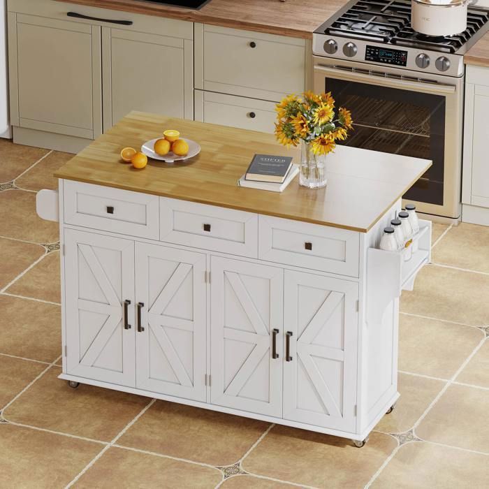 Îlot de cuisine blanc 140x43(70)x905 cm avec plateau rabattable 4 portes 3 tiroirs et roulettes verrouillables Îlot de cuisine blanc 140x43(70)x905 cm avec plateau rabattable 4 portes 3 tiroirs et roulettes verrouillables