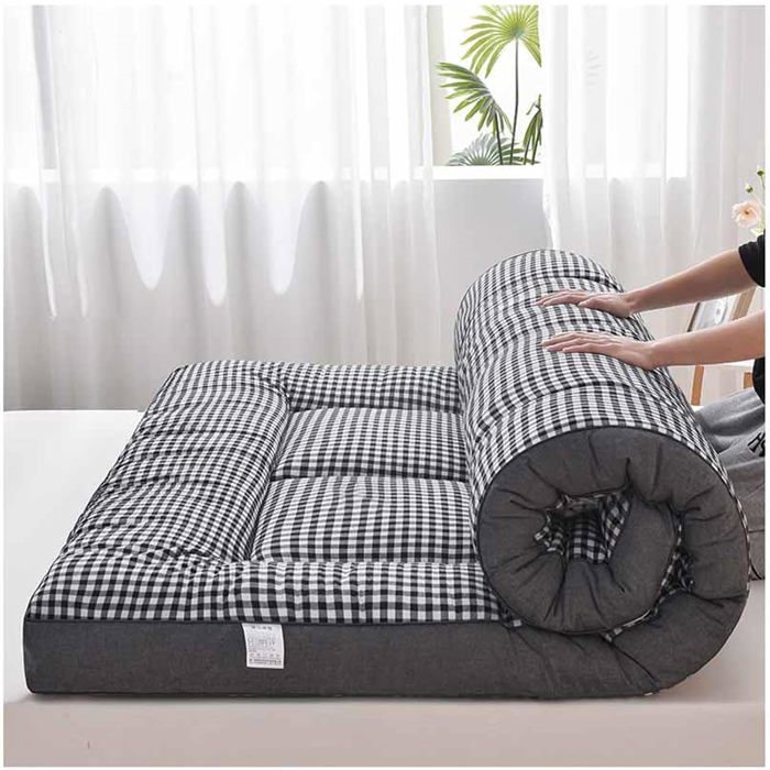 Matelas Futon Japonais Épais et Confortable Tapis de Couchage Tatami 90x200cm Motif Black Plaid Noir