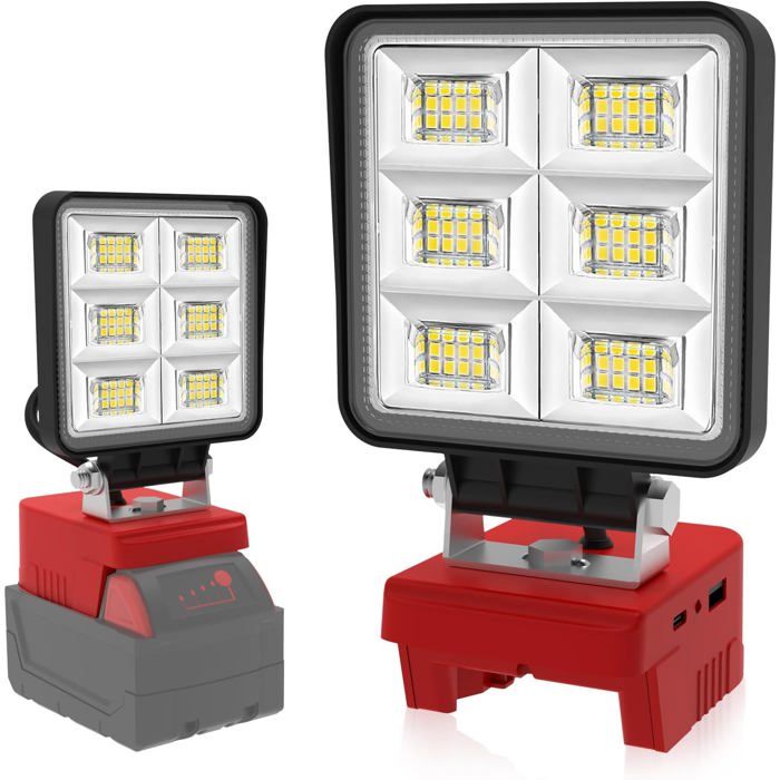 Projecteur LED Chantier 48W 5200LM Lumière Travail Compatible Batterie Milwaukee 18V Port USB Type C ACCESSOIRES FABRICATION MAISON