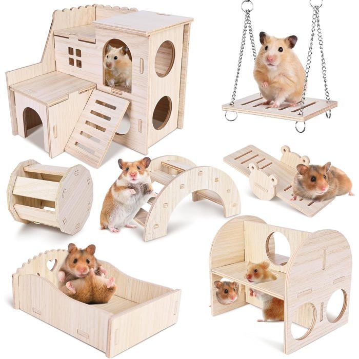 Jouets pour Hamster en Bois 7 Pièces Jouets à Mâcher pour Hamsters Jouets De Bois Accessoire pour Petits Animaux pour Lapin