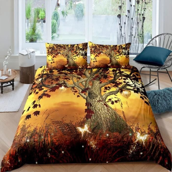 Set Housse De Couette 200x200 Motif Feuilles Tropicales Doré Avec 2 Taies D'oreiller 65x65 Cm - Parure De Lit En Microfibre Fermeture Éclair - Linge De Lit Botanique 2 Personnes Adulte