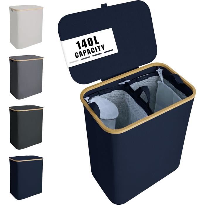 Panier à Linge 2 Compartiments 100 Litres - Pliable Avec Couvercle - Bambou Et Polyester - 63x54x34 Cm - Relaxdays