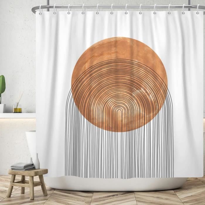 Rideau De Douche Boho200x180 Cm, Style Boho Abstrait Moderne Feuilles Noires Marron Lune Beige Blanc Lavables En Textile Rideau De Bain Impermeable 98196179