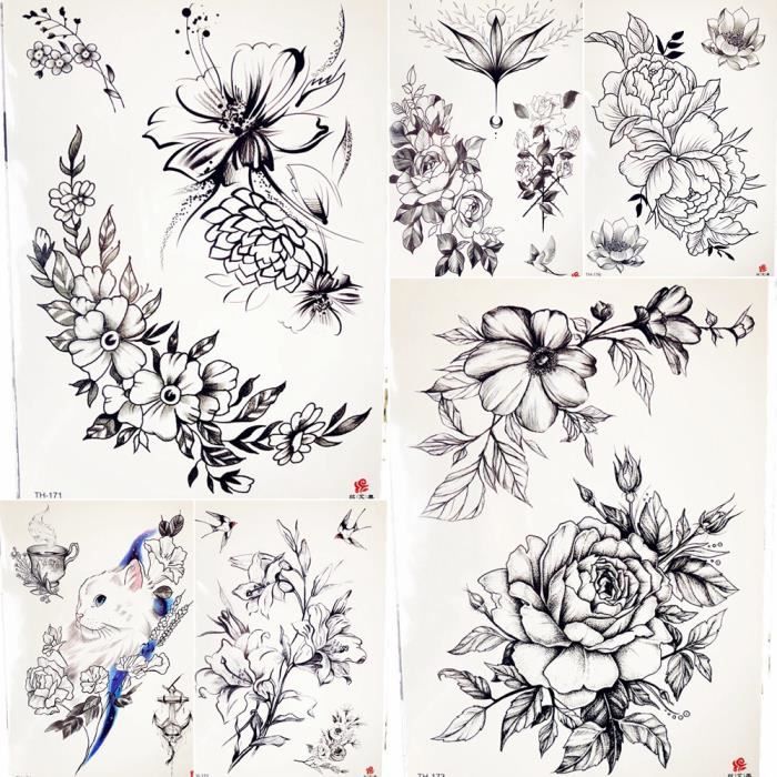 6 Morceaux Noir Rose étanche Tatouage Temporaire Illustration Autocollants Pivoine Fleur Faux Sexy Crayon Feuille Femmes Art Du Corp