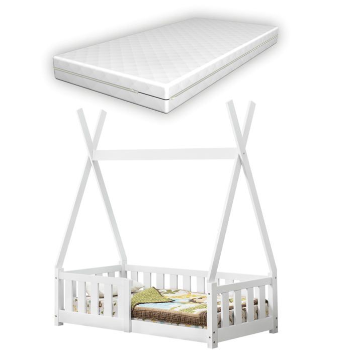 lit d'enfant cabane avec matelas et barrière de protection en pin contreplaque blanc