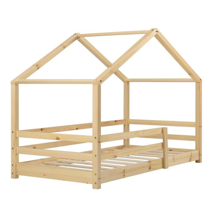 Lit cabane pour enfant forme de maison avec barrière de securite en bois de pin couleur naturel 70 par 140