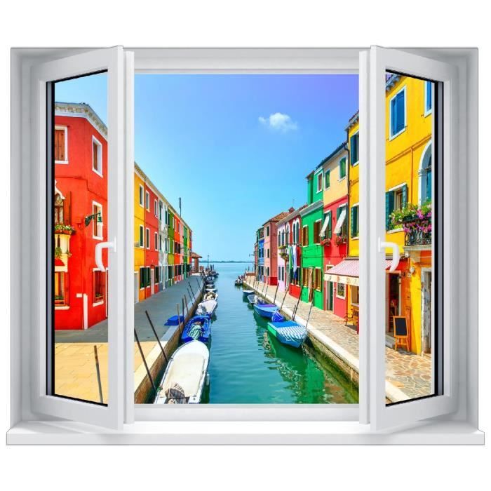 Sticker Trompe L Oeil Fenetre Village De Couleur Et Mer Dimensions 60x50cm Cdiscount Maison