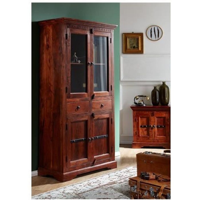vitrine/vaisselier - bois massif d'acacia laqué (nougat) - style colonial - oxford 1011