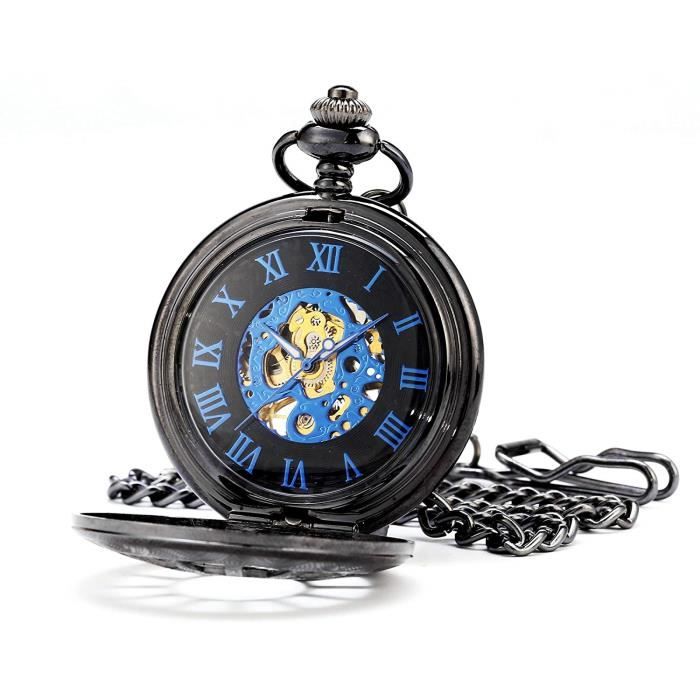 ManChDa® Retro montre de poche mécanique Squelette remontage manuel gravé  Métal bleu noir pour les hommes + Coffret , - Achat/vente montre - Cdiscount