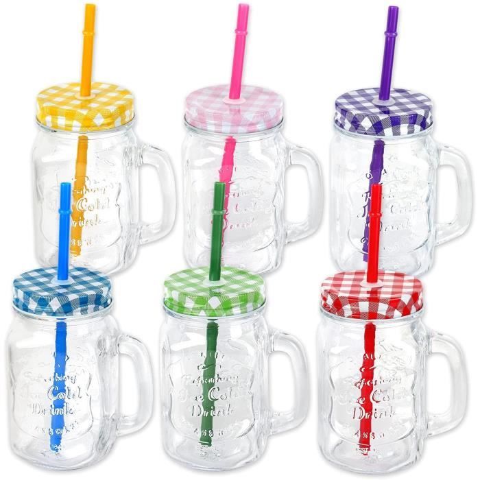 Lot De 8 Verres à Cocktails Relaxdays Style Rétro - 500ml Avec Couvercle Et Paille, Multicolore