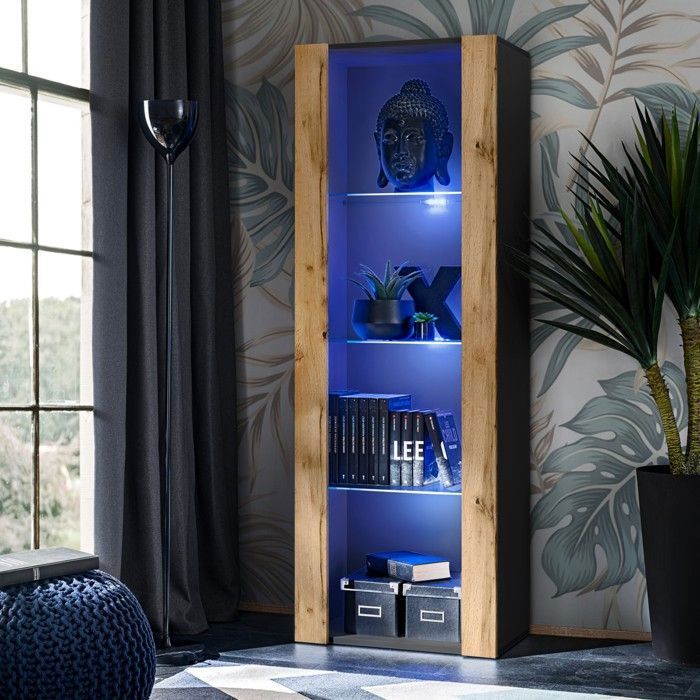 Vitrine Armoire Komodee TIVOLI - LED bleues - Bois naturel et Noir - 55 x 159 x 35 cm Vitrine Armoire Komodee TIVOLI - LED bleues - Bois naturel et Noir - 55 x 159 x 35 cm