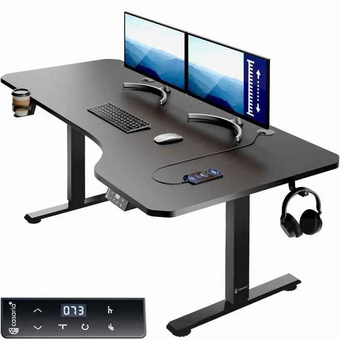 Casaria Bureau réglable en hauteur électrique Noir 160cm bureau assis debout écran LCD support accessoires télétravail