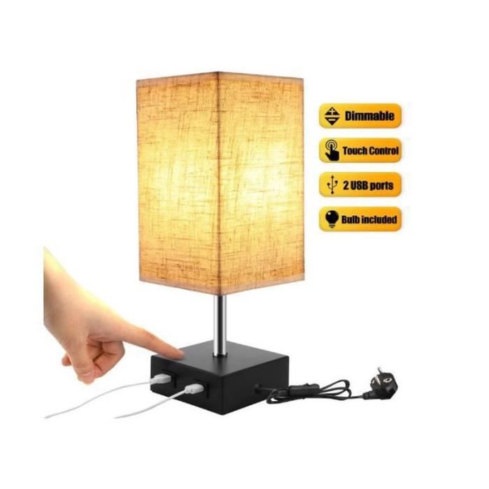 Lampe de Chevet Tactile Dimmable 2 USB Avec Ampoule E27 Abat-jour en