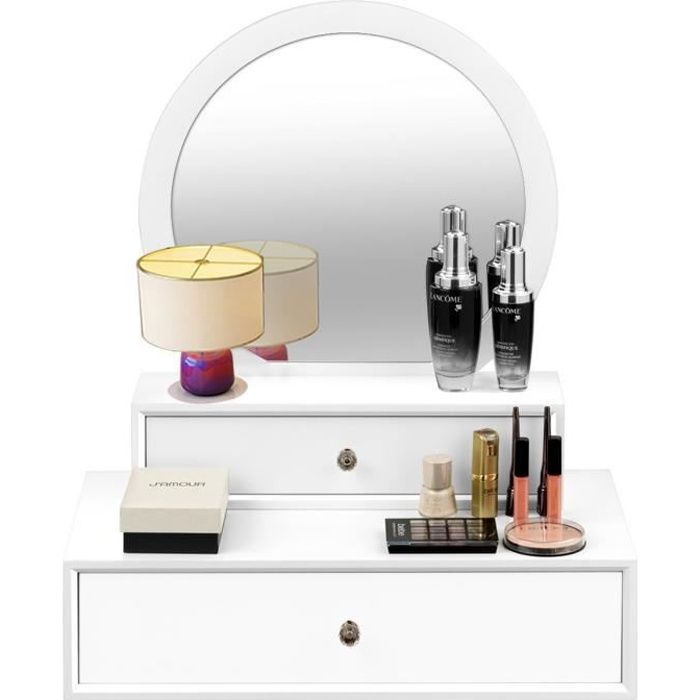 miroir de maquillage sur coiffeuse avec 2 tiroirs amovible - costway - blanc - contemporain - design