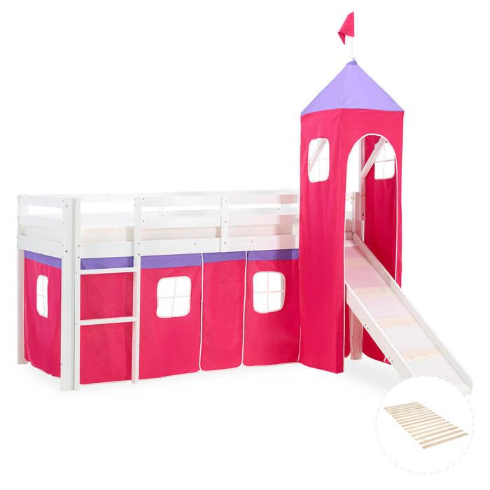 Lit mezzanine pour enfants 90 x 200 cm blanc avec rideau rose Tour Toboggan Avec sommier à lattes Lit mezzanine pour enfants 90 x 200 cm blanc avec rideau rose Tour Toboggan Avec sommier à lattes