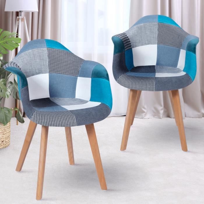 lot de 2 chaises de salle à manger scandinaves sara motifs patchworks bleus