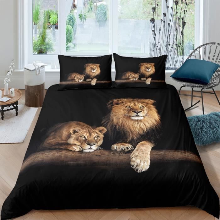 Un couple de lions Parure de lit 3 pieces 1 housse de couette 220*240cm et 2 taies doreillers 63*63cm