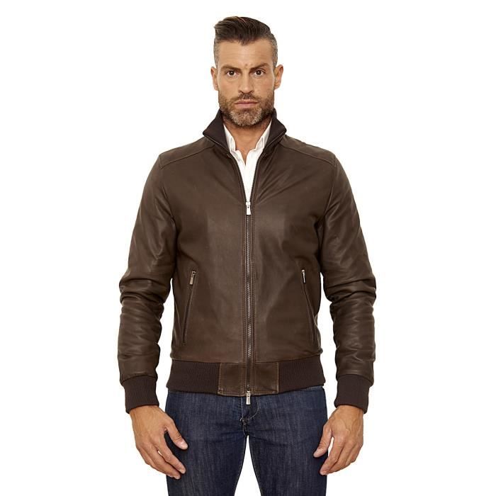 Bomber Couleur Marron Fonce Blouson Cuir Homme Style Bomber Aspect Lisse Tete Brun Cdiscount Pret A Porter
