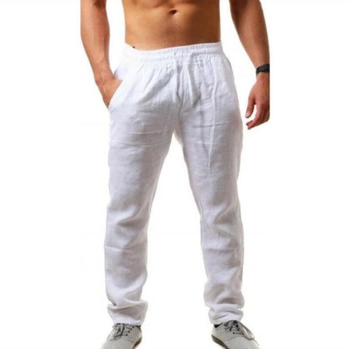 Pantalon Coton et lin pour Homme Cordon Serrage été décontracté Couleur  Unie pour Homme Vrac Blanc Blanc - Cdiscount Prêt-à-Porter