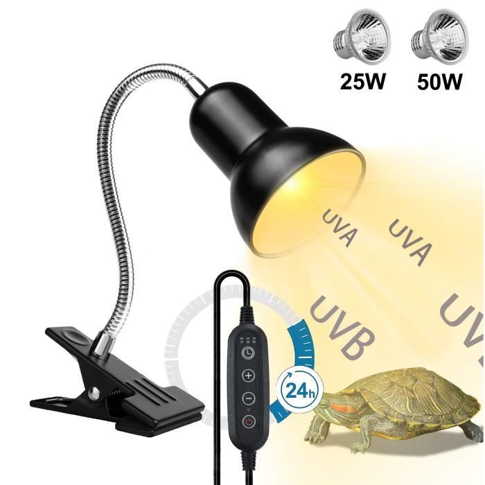 lampe chauffante tortue avec minuterie 25w 50w - uva uvb lampe reptiles et amphibiens pour aquarium 360 degrés (avec 2 ampoule)