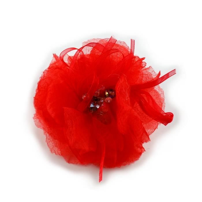 Broche ou pince à cheveux fleur en tissu mousseline 10.5cm - rouge RC007116