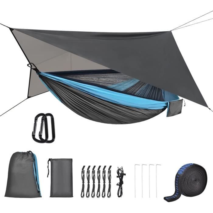 AnorTrek Hamac de camping avec moustiquaire et bâche anti-pluie, hamac double portable avec deux sangles d'arbre, hamac en nylon 210T et mouche imperméable pour la randonnée, la randonnée