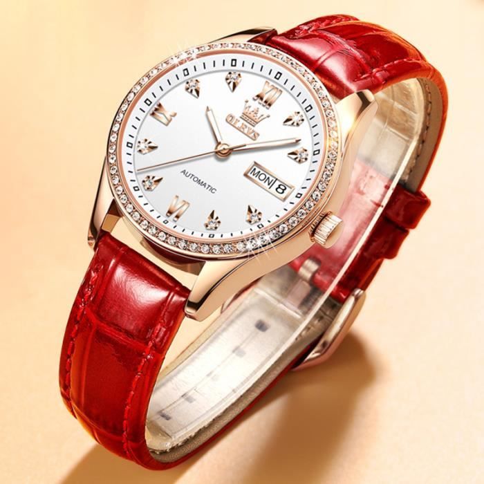 SHARPHY Montre femme automatique mécanique multifonction affichage du calendrier diamant étanche rouge luxe