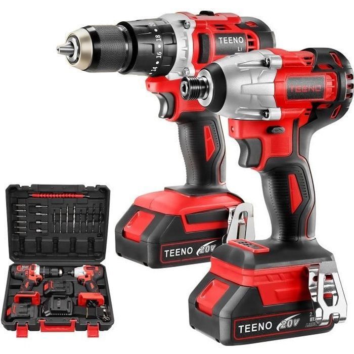 100Nm Brushless Visseuse a Choc+45Nm Perceuse a Percussion TEENO Pack 2 outils 20V 2*Batteries 2Ah