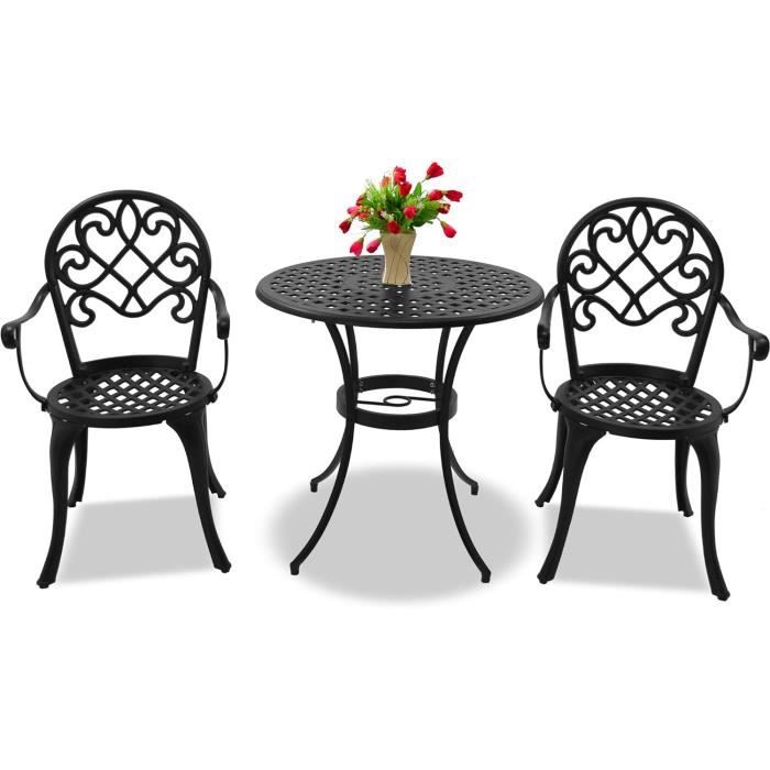 prego table de jardin et terrasse et 2 grandes chaises avec accoudoirs en fonte d'aluminium noir[m212]