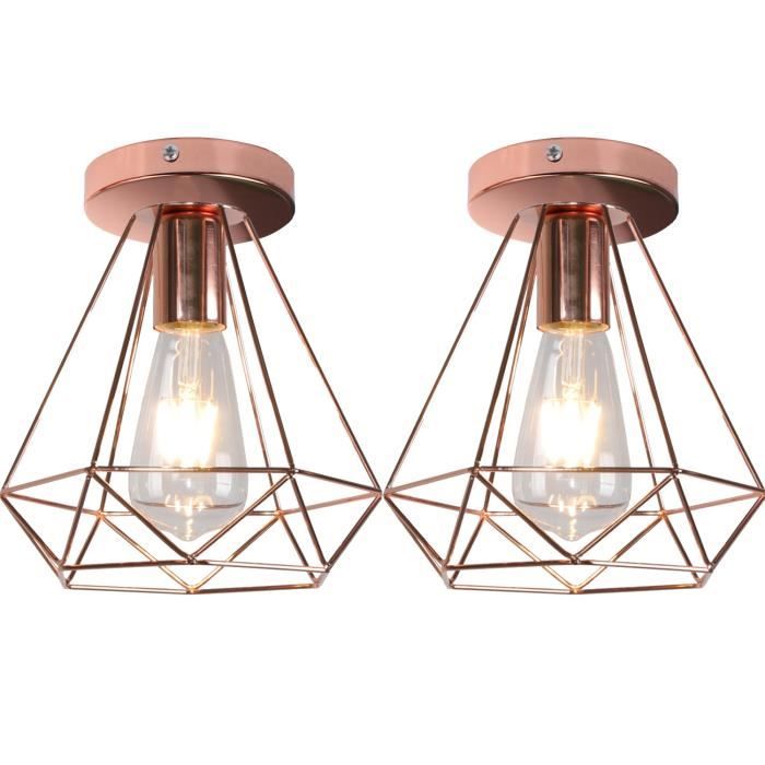 UNI Lampe de Plafond 20cm 2PCS Diamant Plafonnier Cage en Métal Or Rose Luminaire pour Balcon Couloir Entrée