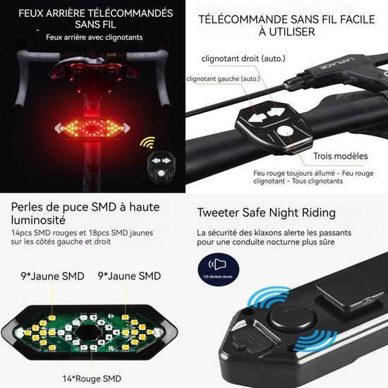 Feu Arrière LED 5-en-1 Avec Télécommande Pour Vélo, Alarme Et Clignotants