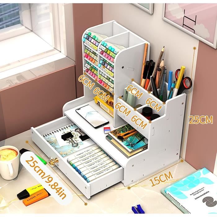 UMILKI Organisateur De Bureau Multifonctionnel, Rangement Bureau Et Pot A Crayon, Rangement Bureau Organisateur Avec Tiroir Coulissant Pour Papeterie Livre Dossiers Ciseaux