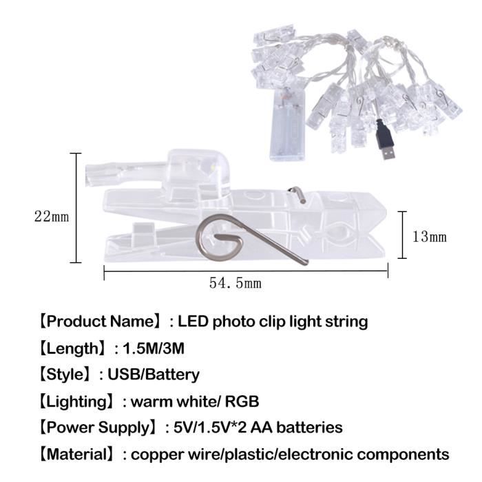 GUIRLANDE LUMINEUSE,blanc chaud-1.5M Battery case--Guirlande lumineuse LED  à pince Photo, 1.5M 3M, USB, à piles, pour l'extérieur, a - Cdiscount Maison