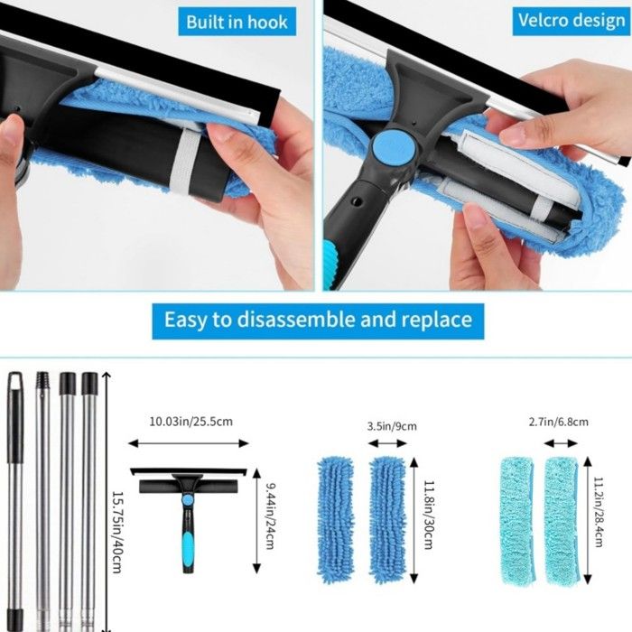 Raclette Lave-vitres Télescopique 2 En 1 - Manche Extensible Jusqu'à 240 Cm, Tête Flexible Et Chiffon Microfibre, Pour Vitres Hautes