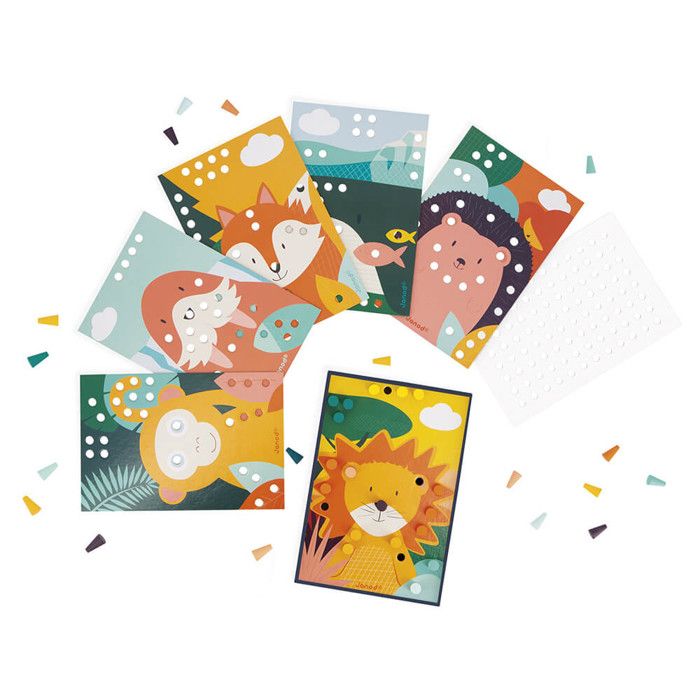 Janod - Mes Premières Mosaïques en Bois - Jouet d'Eveil - 6 Cartes Perforées et 38 Pions en Bois - Apprentissage des Couleurs et Motricité - Peinture