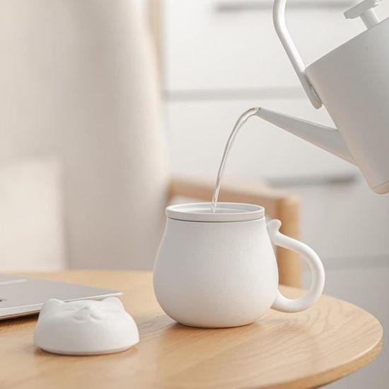 Tasse à thé en céramique avec infuseur à thé et couvercle (13.5 oz), tasse  à thé avec motif de chats mignons, filtre pour tremper les feuilles en