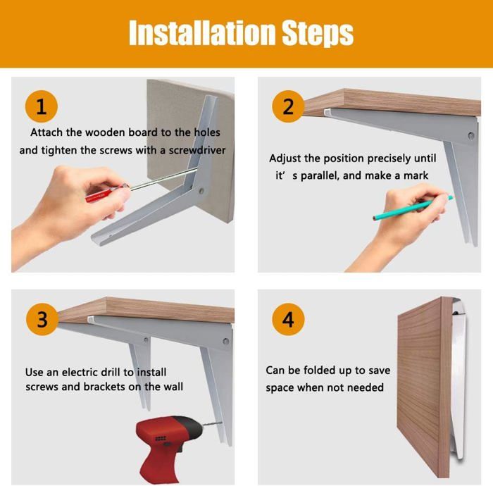 Support Console Rabattable Support Mural Pliant 2 pièces, Repliable Rabattable en Métal Support ...