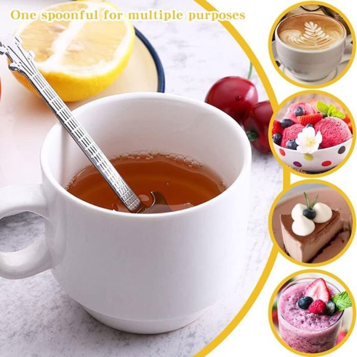 Cuillères à Café En Acier Inoxydable - 7 Pièces Forme Guitare - Longue Poignée Pour Boissons Et Desserts